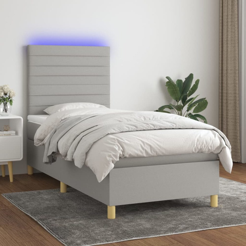 vidaXL Ramsäng med madrass & LED ljusgrå 90x190 cm tyg