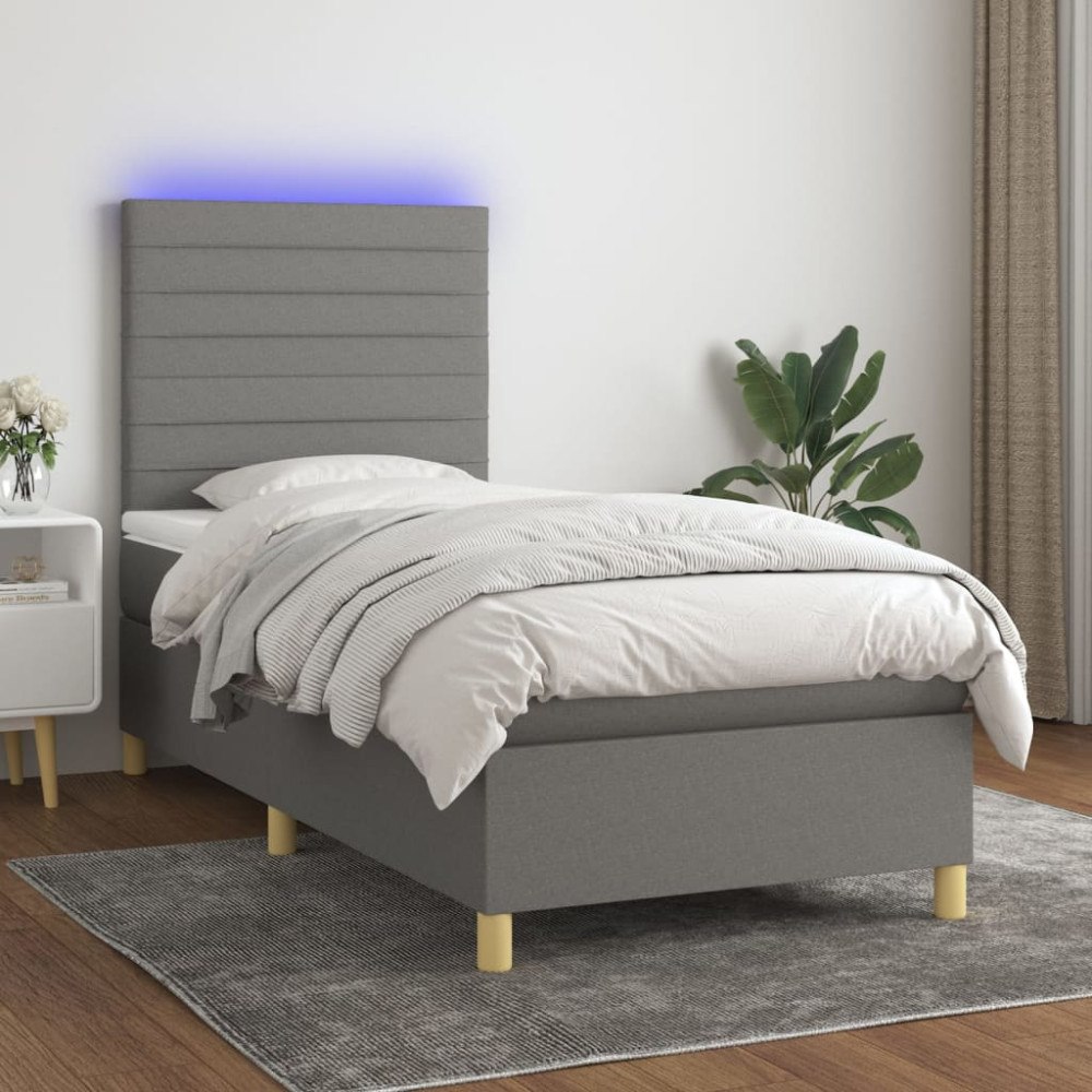 vidaXL Ramsäng med madrass & LED mörkgrå 90x190 cm tyg