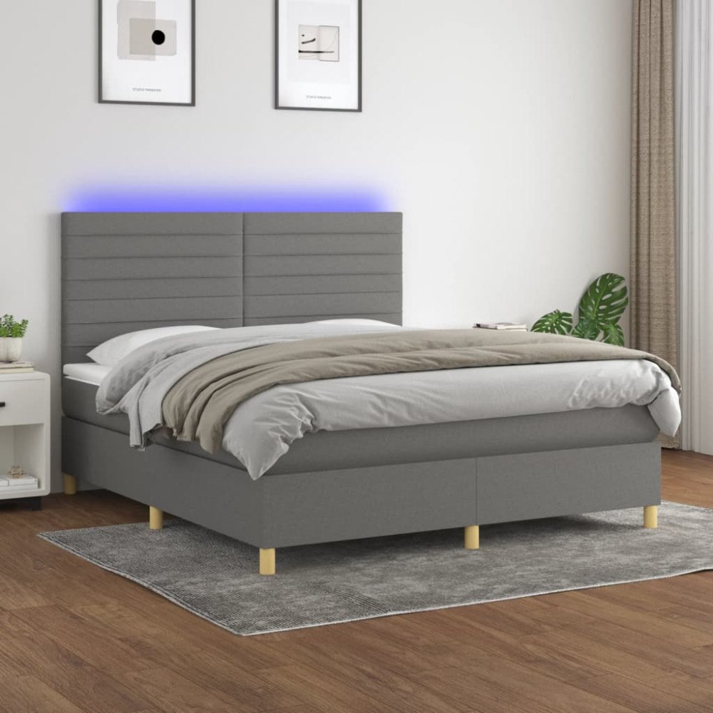 vidaXL Ramsäng med madrass & LED mörkgrå 160x200 cm tyg