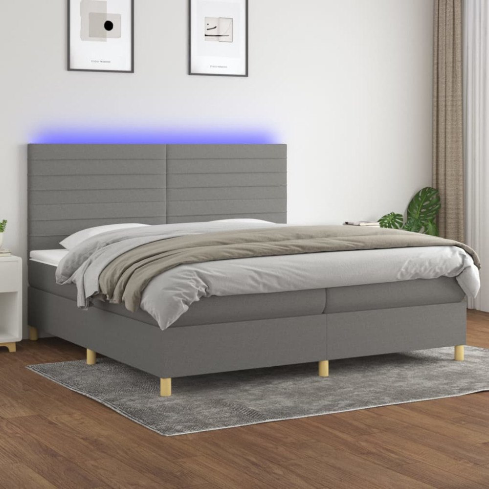 vidaXL Ramsäng med madrass & LED mörkgrå 200x200 cm tyg
