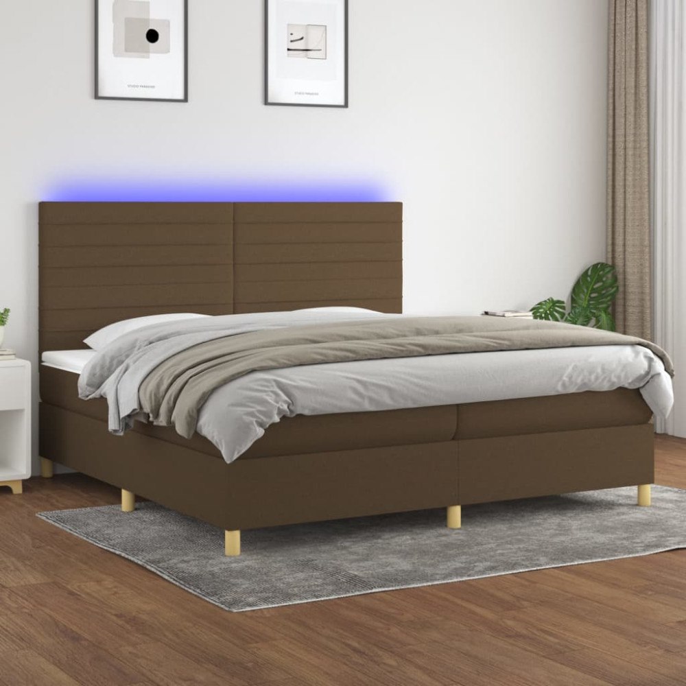 vidaXL Ramsäng med madrass & LED mörkbrun 200x200 cm tyg
