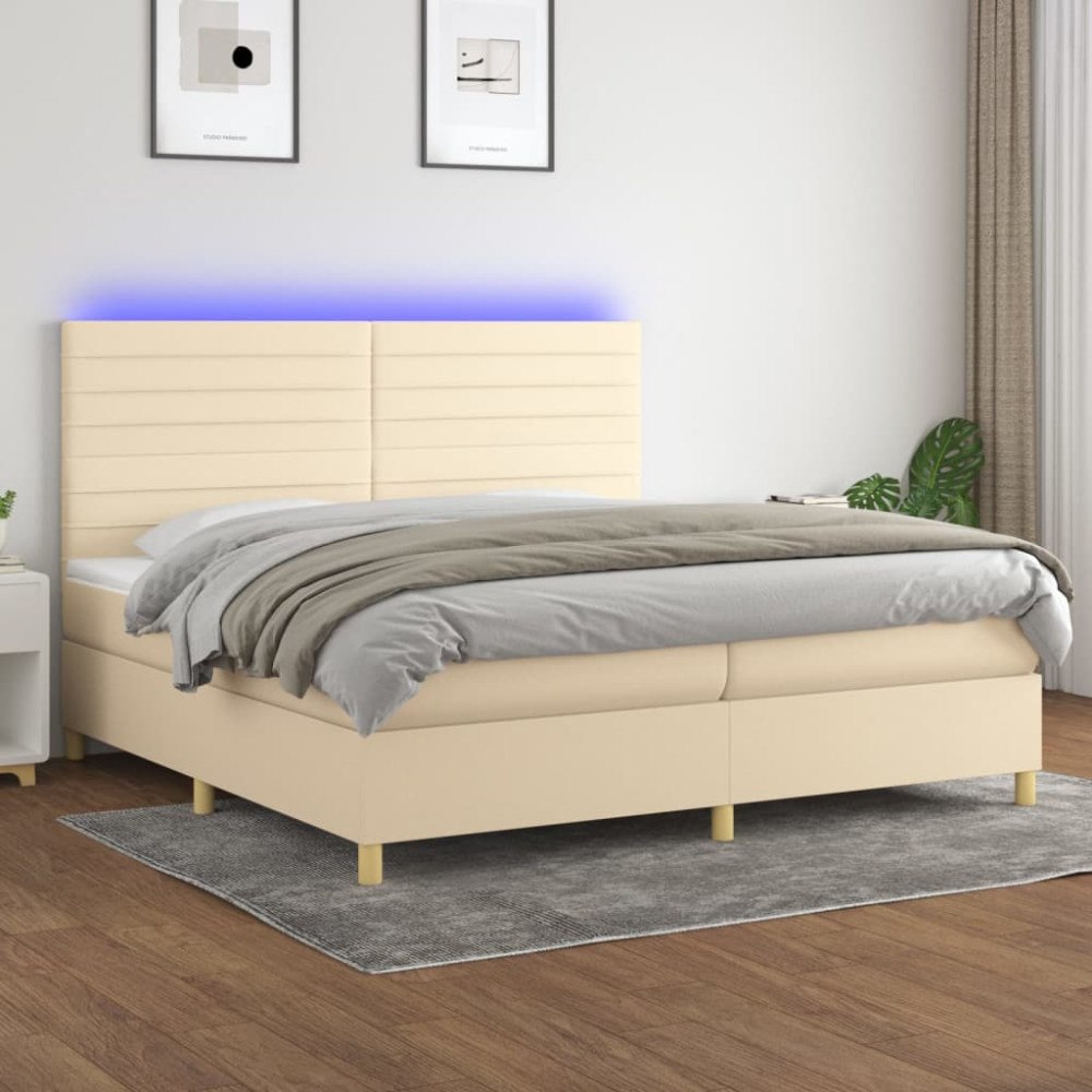 vidaXL Ramsäng med madrass & LED gräddvit 200x200 cm tyg