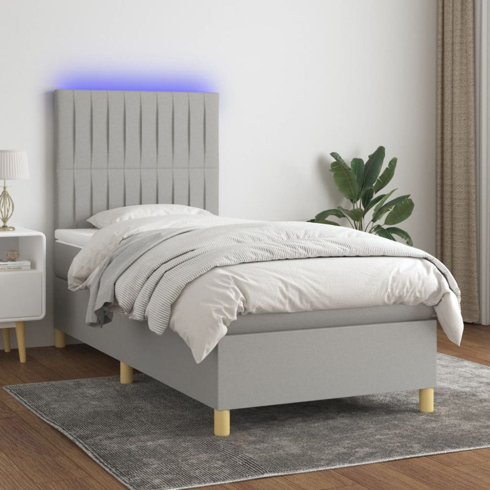 vidaXL Ramsäng med madrass & LED ljusgrå 90x190 cm tyg