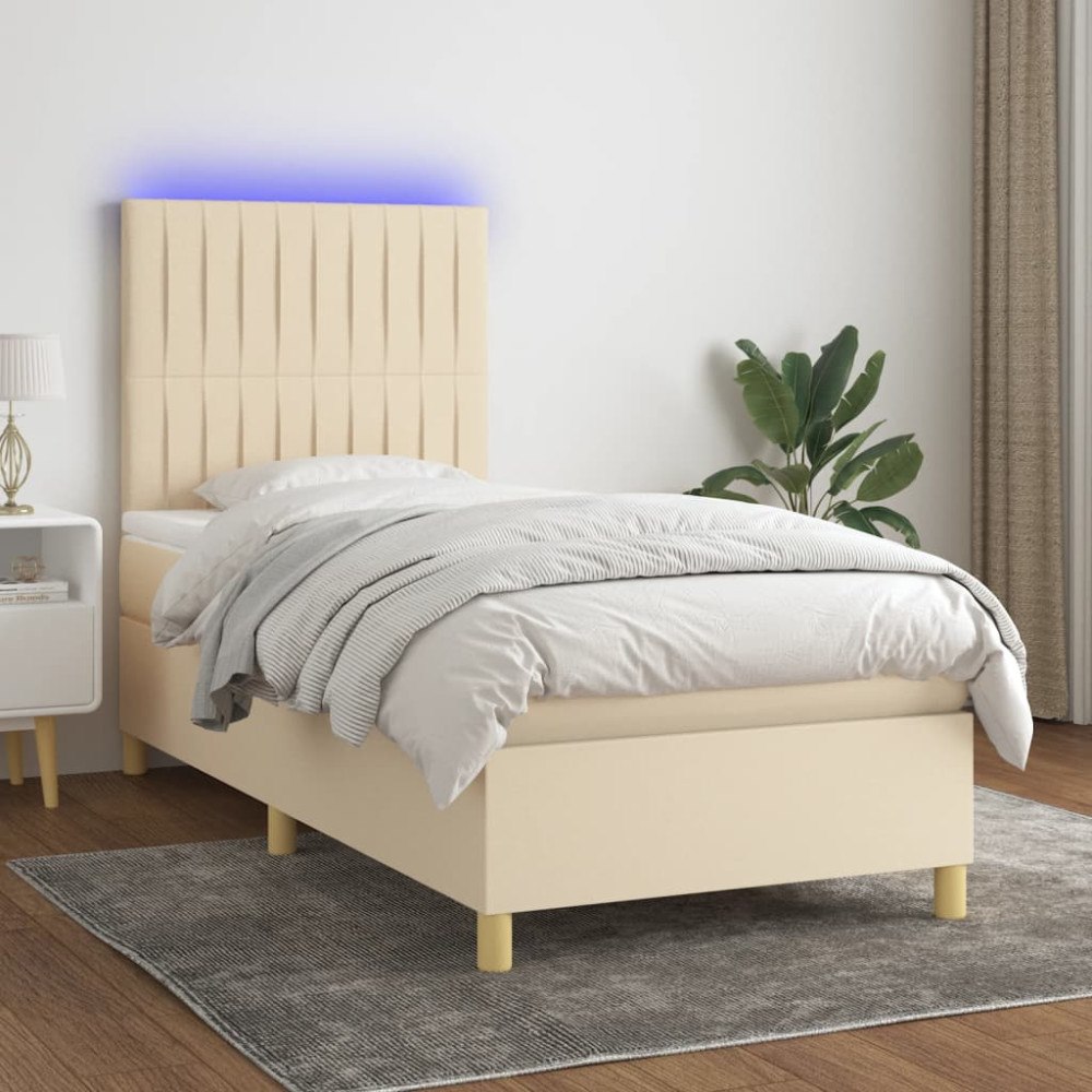 vidaXL Ramsäng med madrass & LED gräddvit 90x190 cm tyg