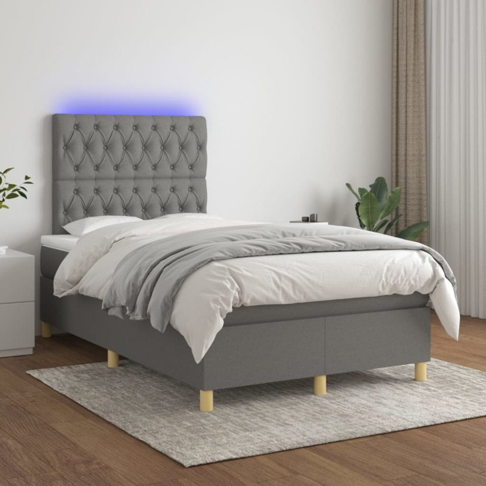 vidaXL Ramsäng med madrass & LED mörkgrå 120x200 cm tyg