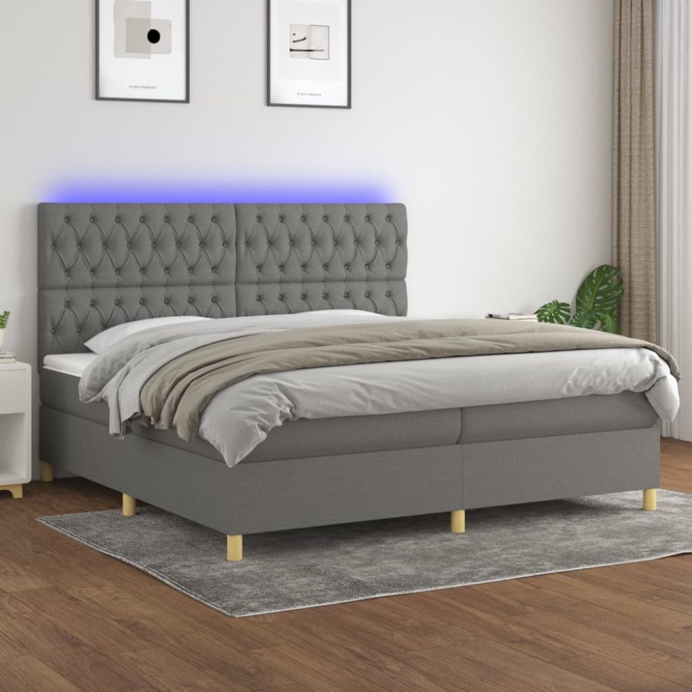 vidaXL Ramsäng med madrass & LED mörkgrå 200x200 cm tyg