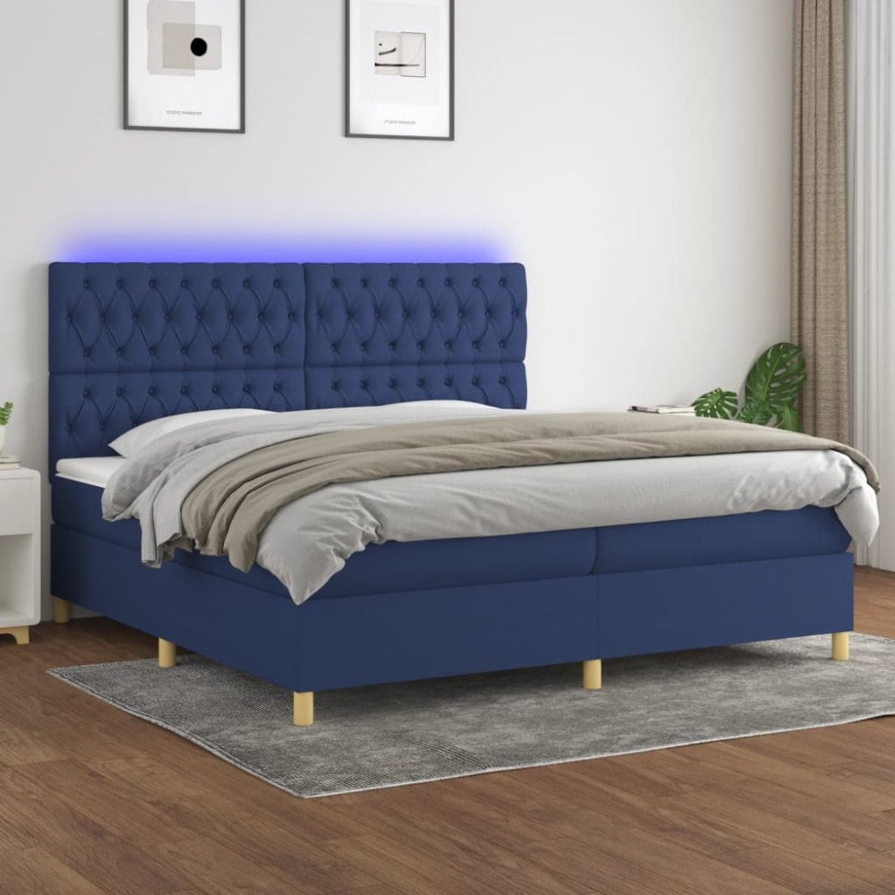 vidaXL Ramsäng med madrass & LED blå 200x200 cm tyg