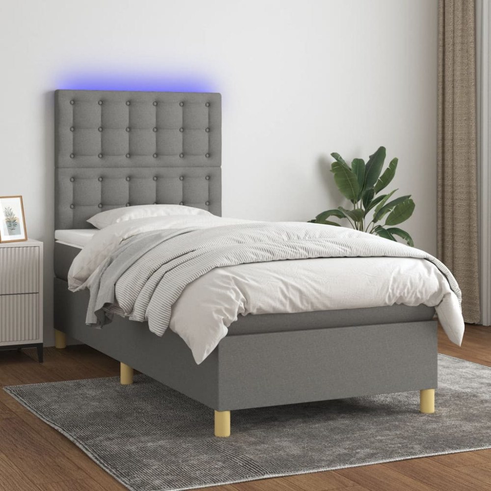vidaXL Ramsäng med madrass & LED mörkgrå 90x190 cm tyg