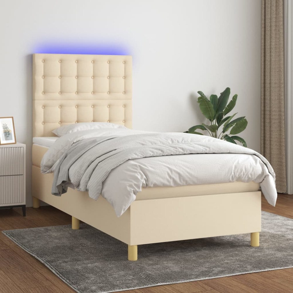 vidaXL Ramsäng med madrass & LED gräddvit 90x190 cm tyg