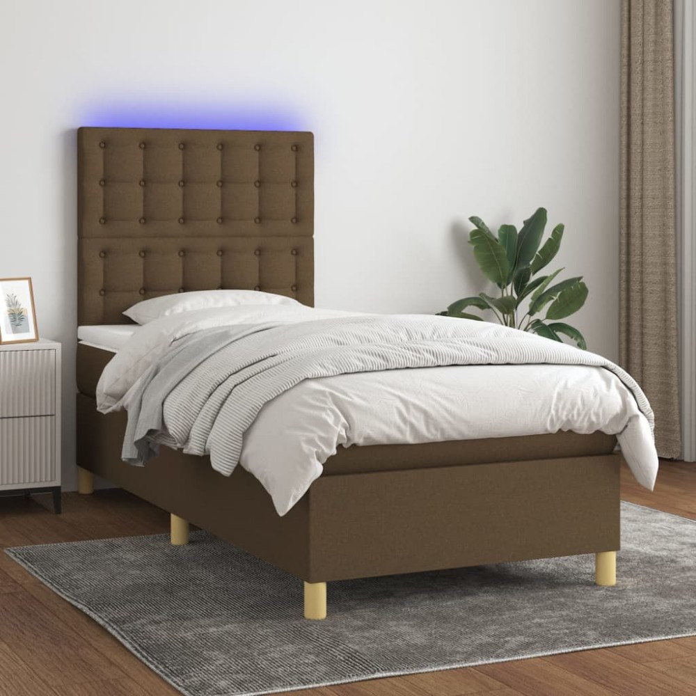 vidaXL Ramsäng med madrass & LED mörkbrun 90x200 cm tyg