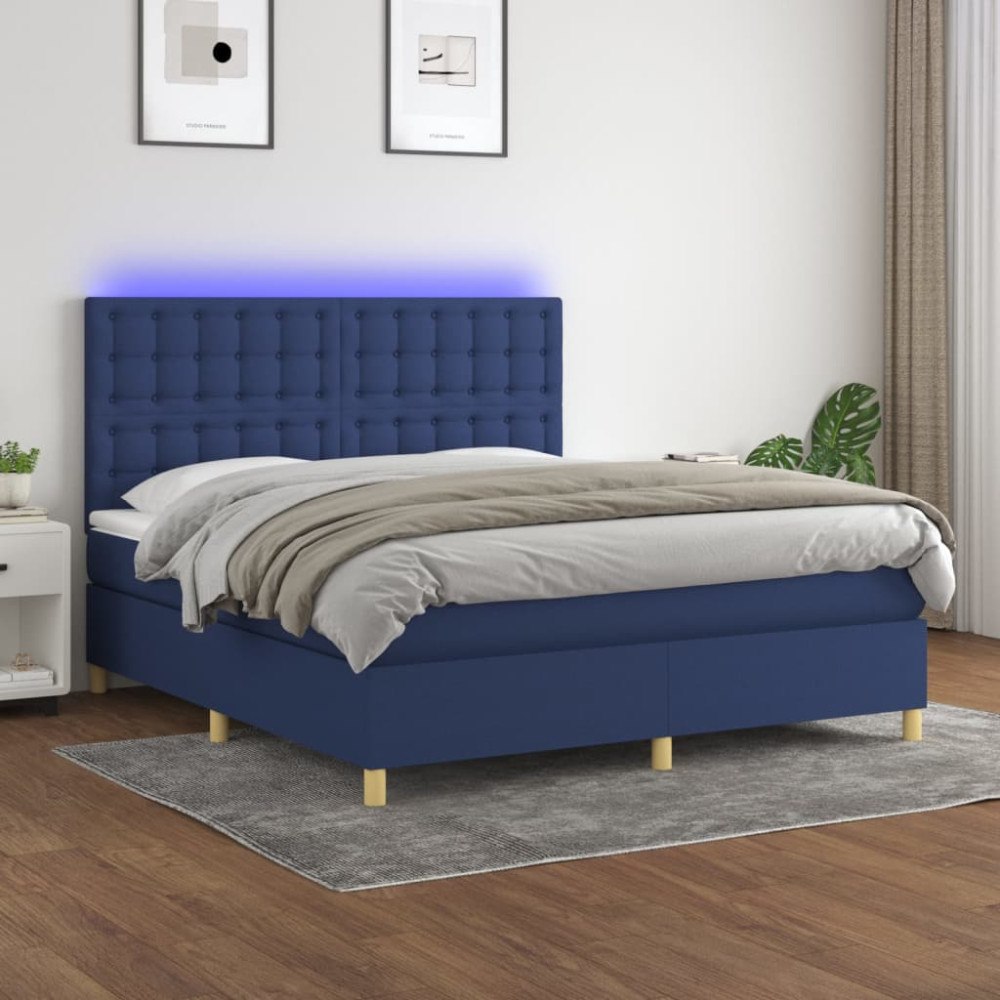 vidaXL Ramsäng med madrass & LED blå 180x200 cm tyg