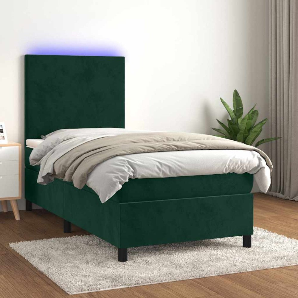 vidaXL Ramsäng med madrass & LED mörkgrön 90x190 cm sammet