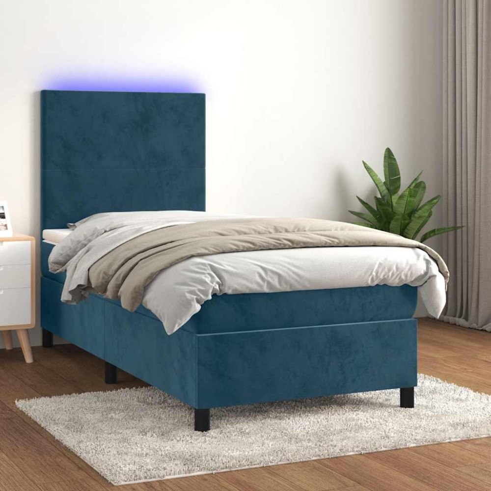 vidaXL Ramsäng med madrass & LED mörkblå 90x200 cm sammet