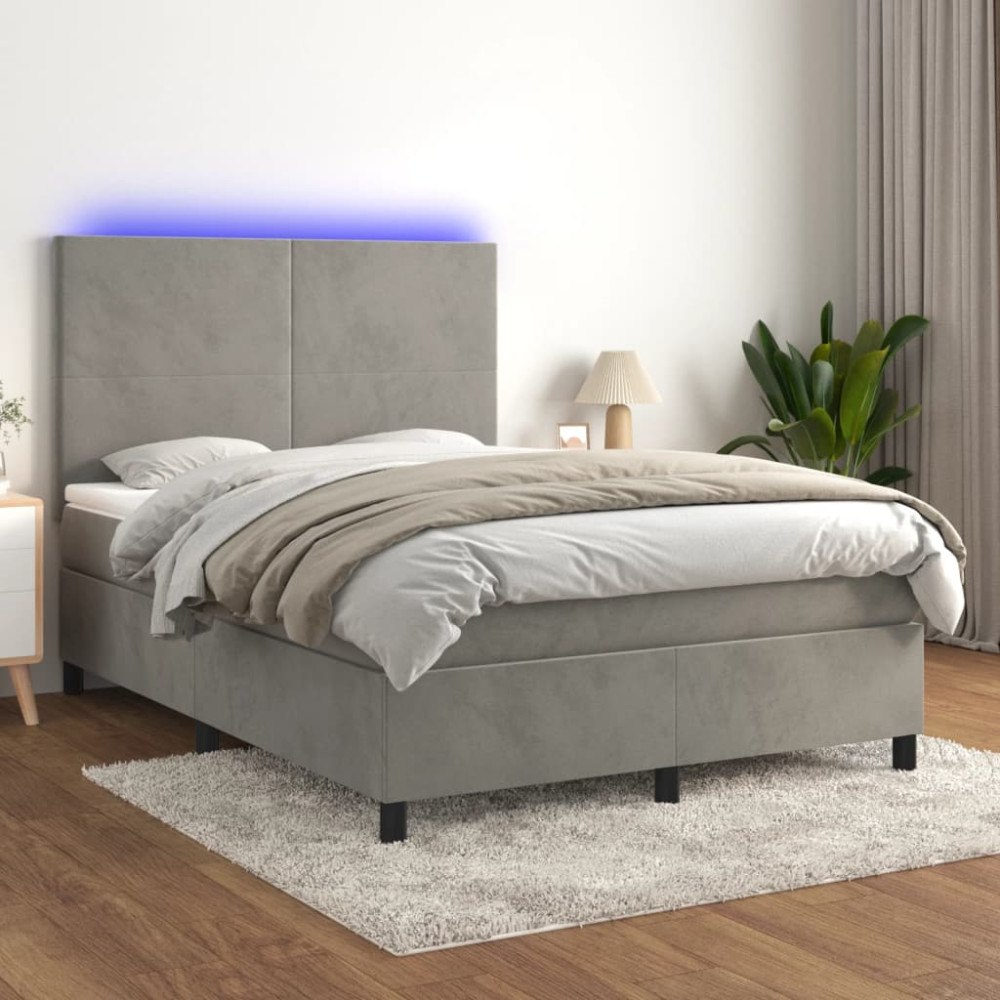 vidaXL Ramsäng med madrass & LED ljusgrå 140x200 cm sammet