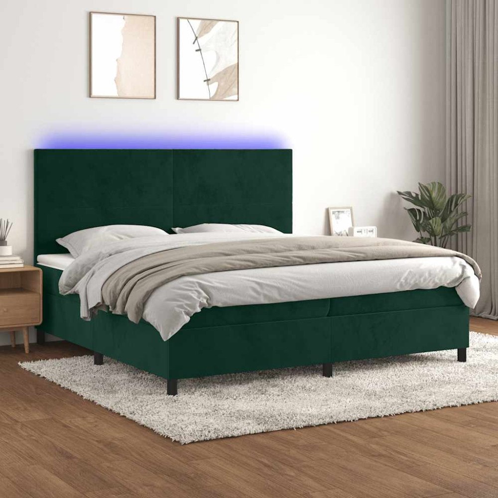 vidaXL Ramsäng med madrass & LED mörkgrön 200x200 cm sammet