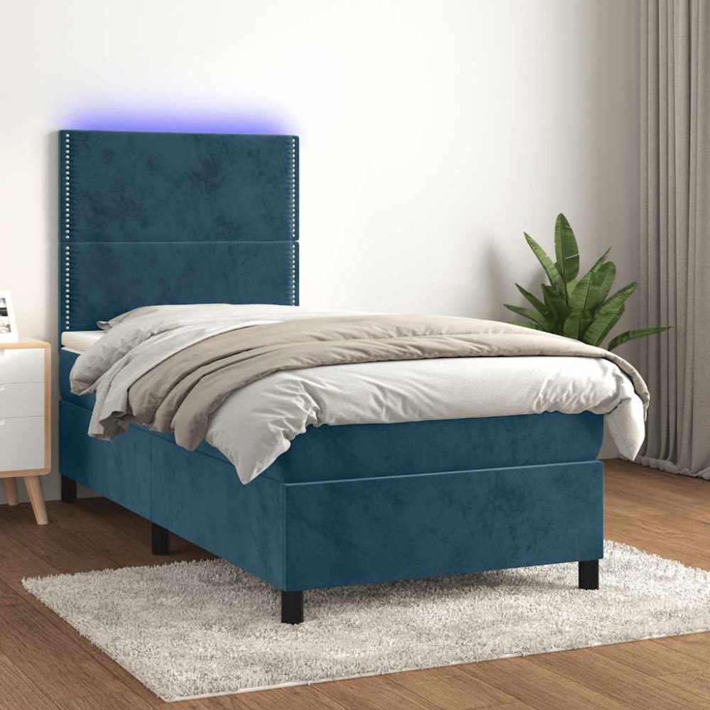 vidaXL Ramsäng med madrass & LED mörkblå 90x190 cm sammet