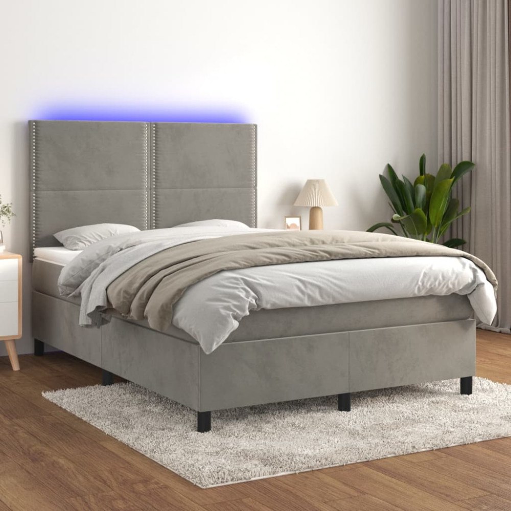vidaXL Ramsäng med madrass & LED ljusgrå 140x190 cm sammet