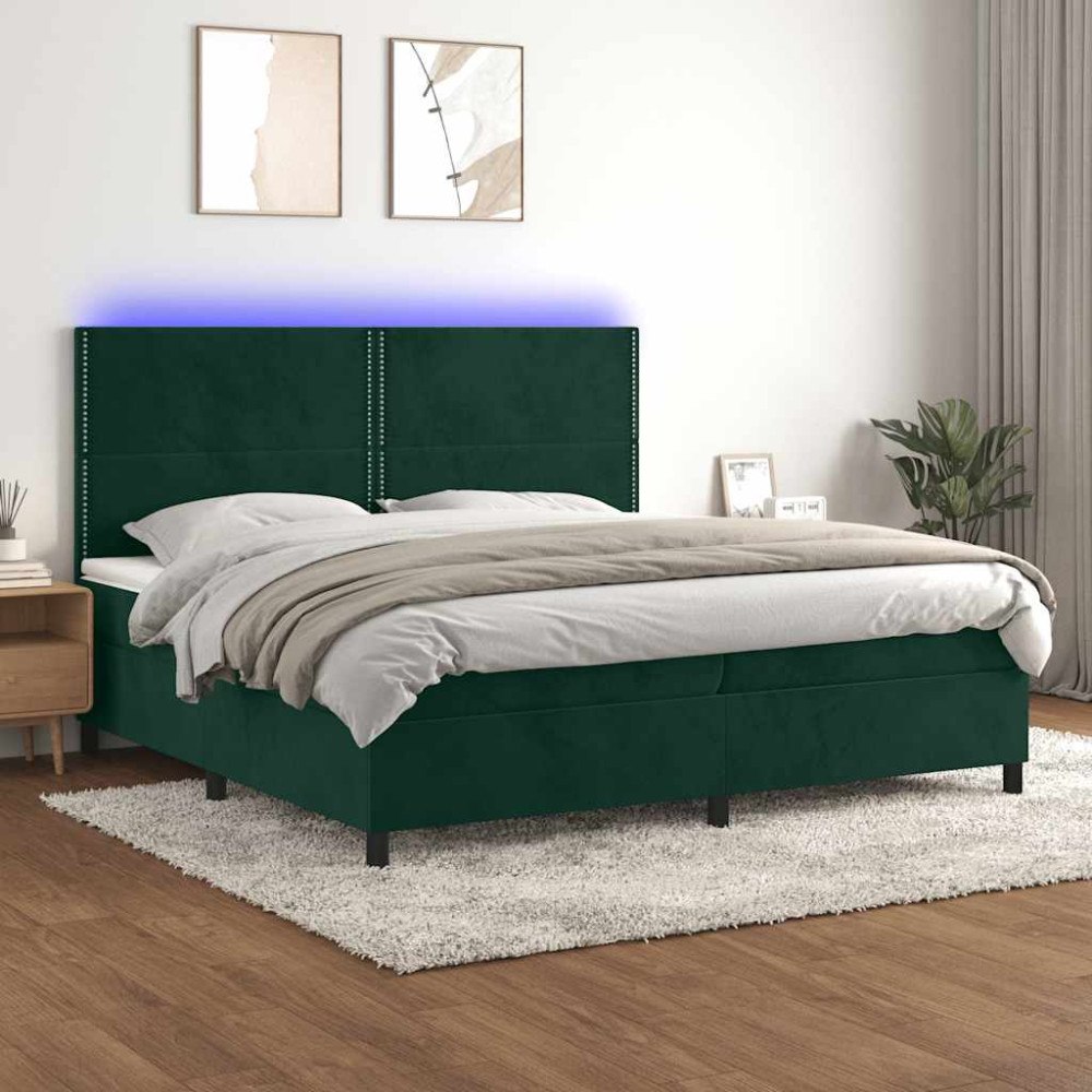 vidaXL Ramsäng med madrass & LED mörkgrön 200x200 cm sammet