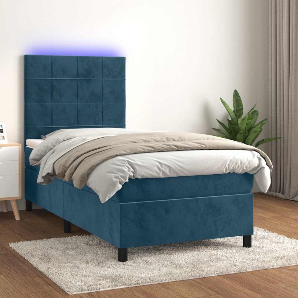 vidaXL Ramsäng med madrass & LED mörkblå 90x200 cm sammet