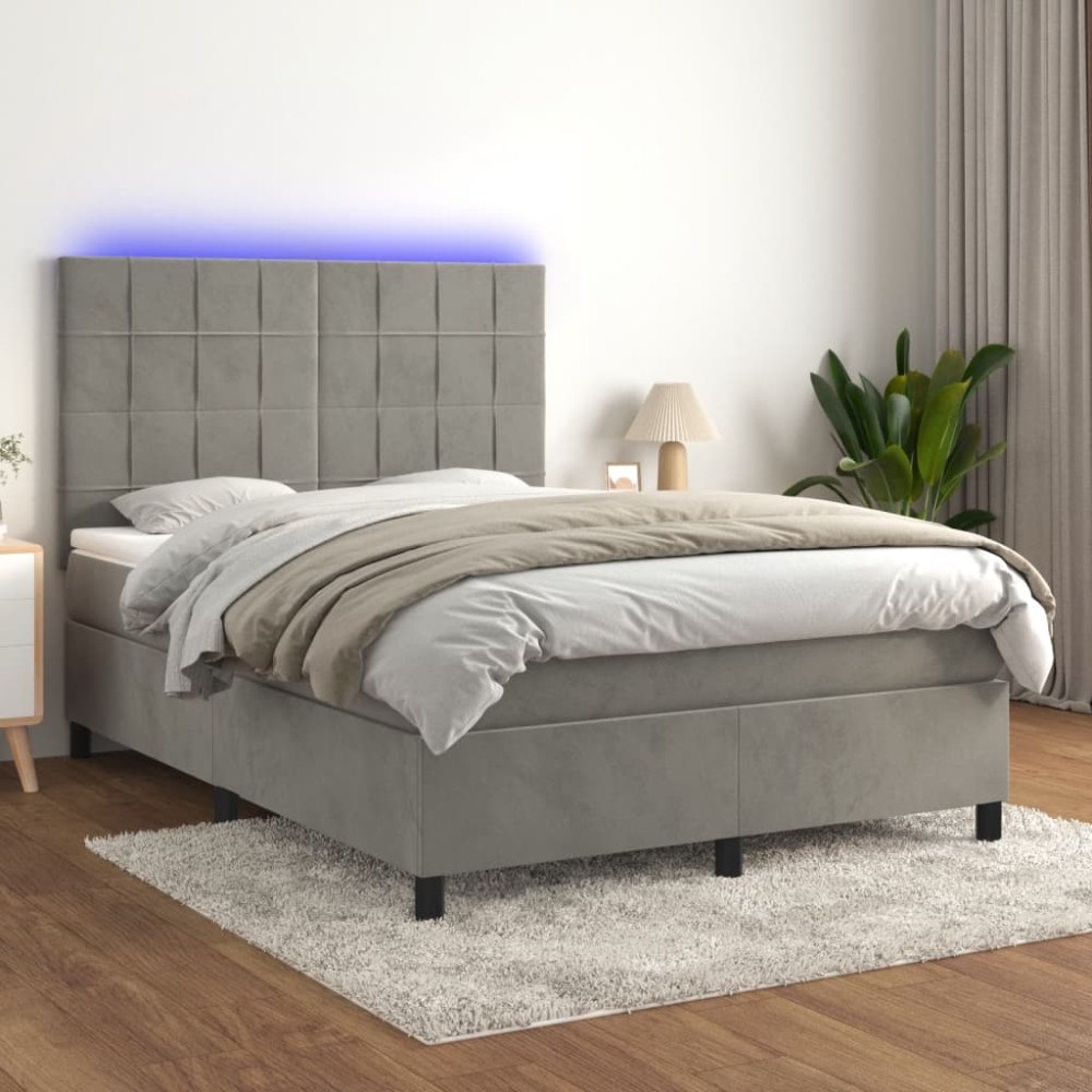 vidaXL Ramsäng med madrass & LED ljusgrå 140x200 cm sammet