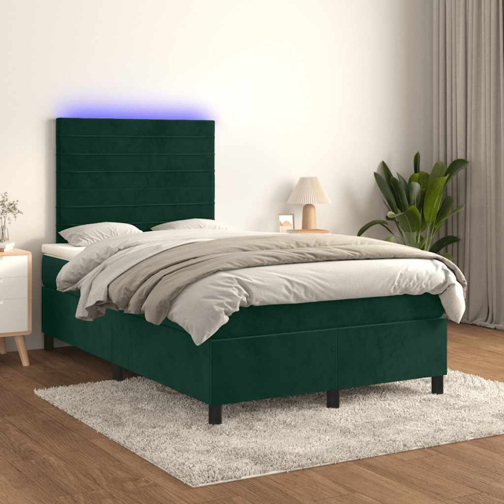 vidaXL Ramsäng med madrass & LED mörkgrön 120x200 cm sammet