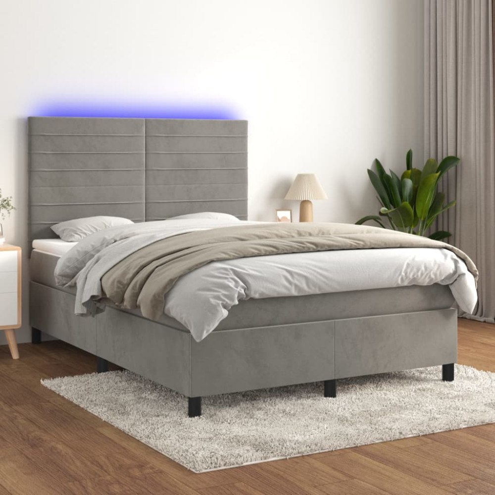 vidaXL Ramsäng med madrass & LED ljusgrå 140x190 cm sammet