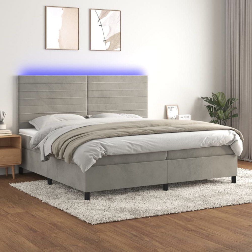 vidaXL Ramsäng med madrass & LED ljusgrå 200x200 cm sammet