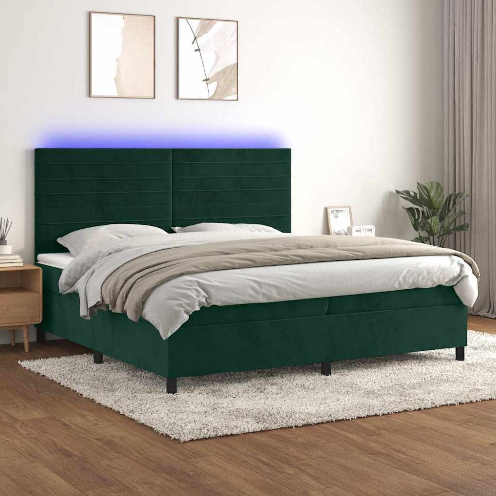 vidaXL Ramsäng med madrass & LED mörkgrön 200x200 cm sammet