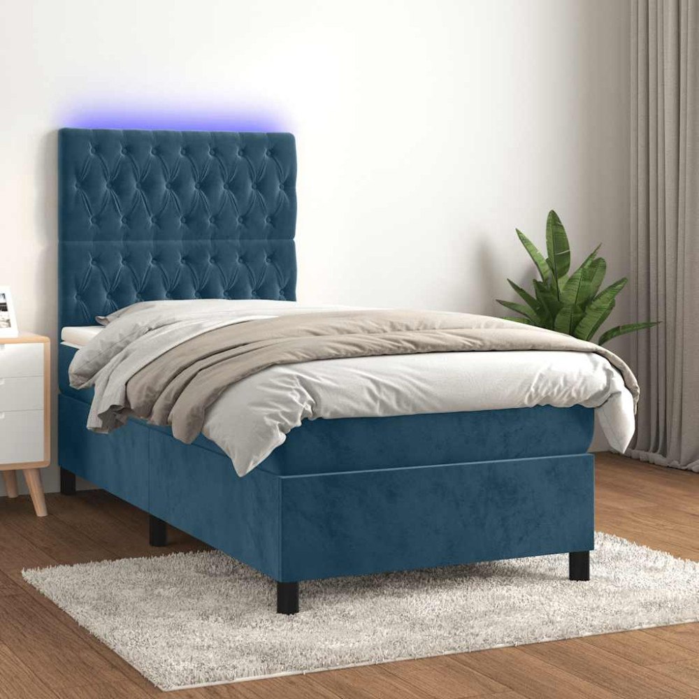 vidaXL Ramsäng med madrass & LED mörkblå 90x200 cm sammet