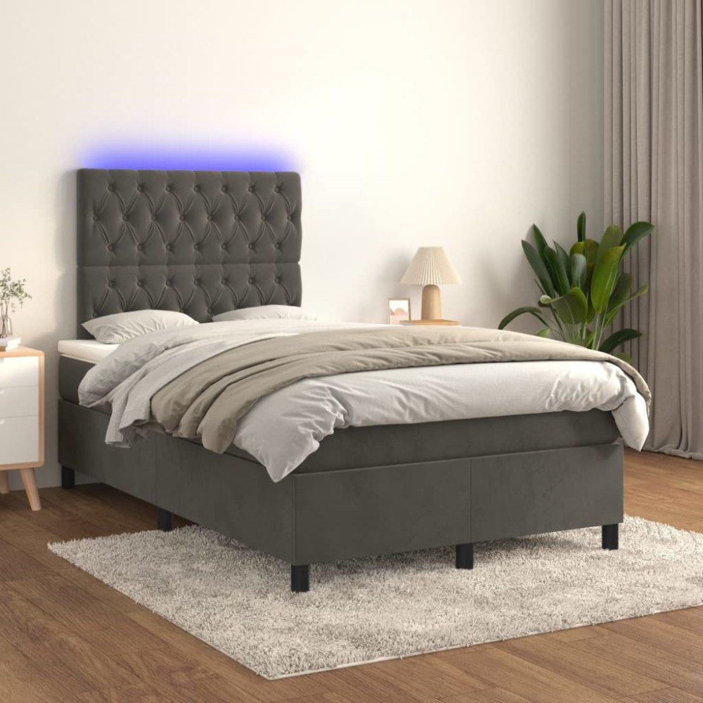 vidaXL Ramsäng med madrass & LED mörkgrå 120x200 cm sammet