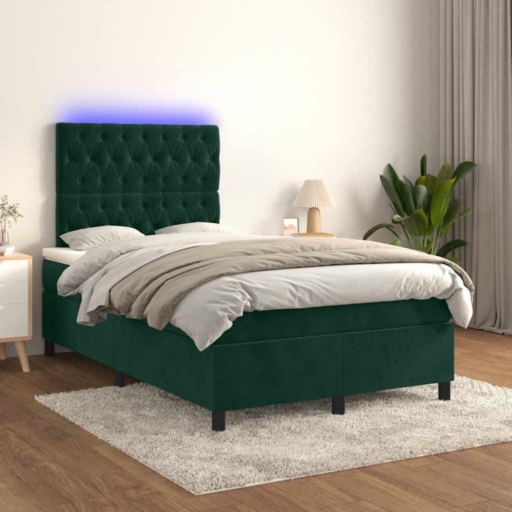 vidaXL Ramsäng med madrass & LED mörkgrön 120x200 cm sammet