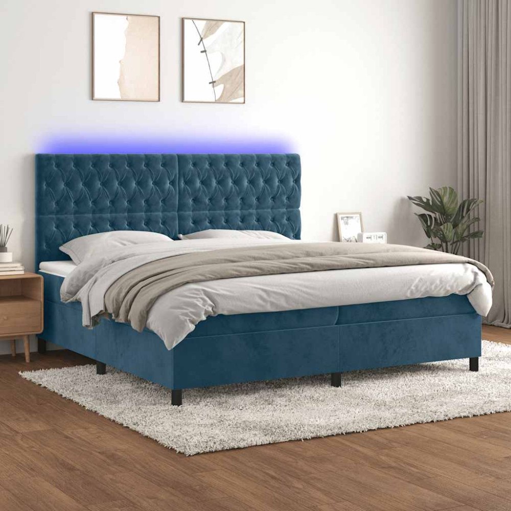 vidaXL Ramsäng med madrass & LED mörkblå 200x200 cm sammet