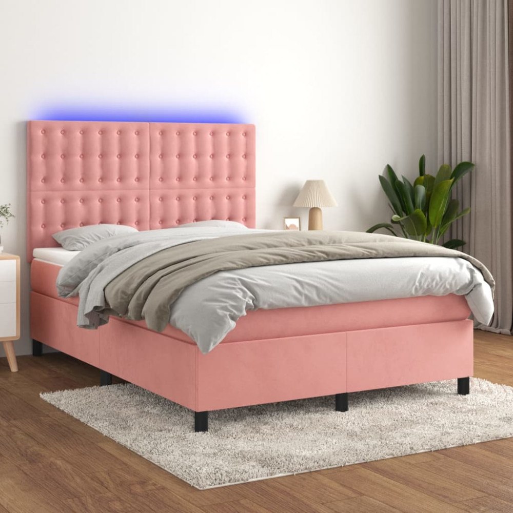 vidaXL Ramsäng med madrass rosa & LED 140x190 cm sammet