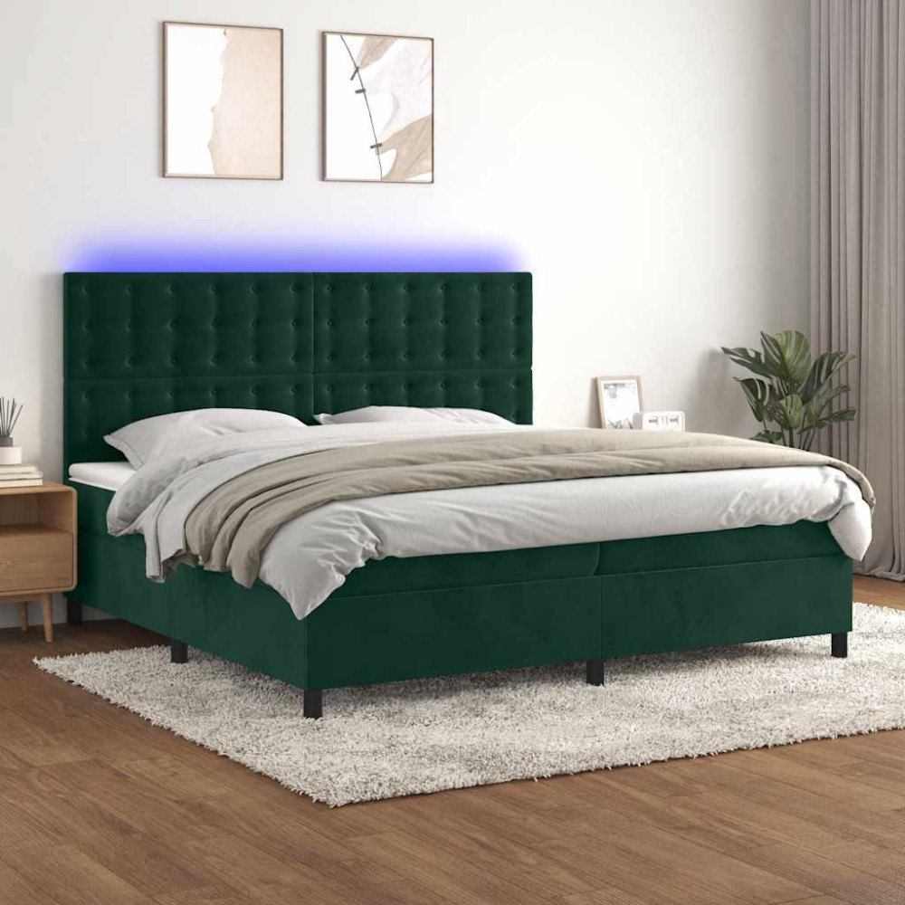 vidaXL Ramsäng med madrass & LED mörkgrön 200x200 cm sammet
