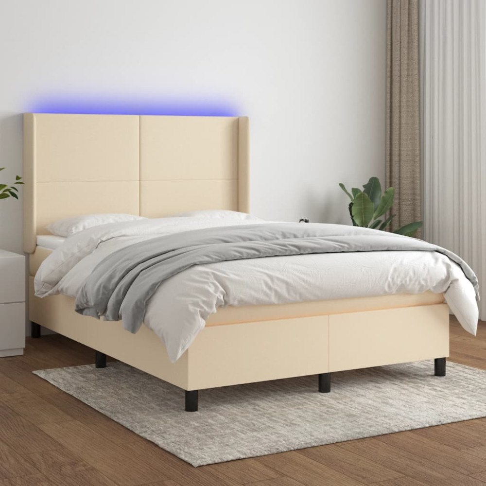 vidaXL Ramsäng med madrass & LED gräddvit 140x200 cm tyg