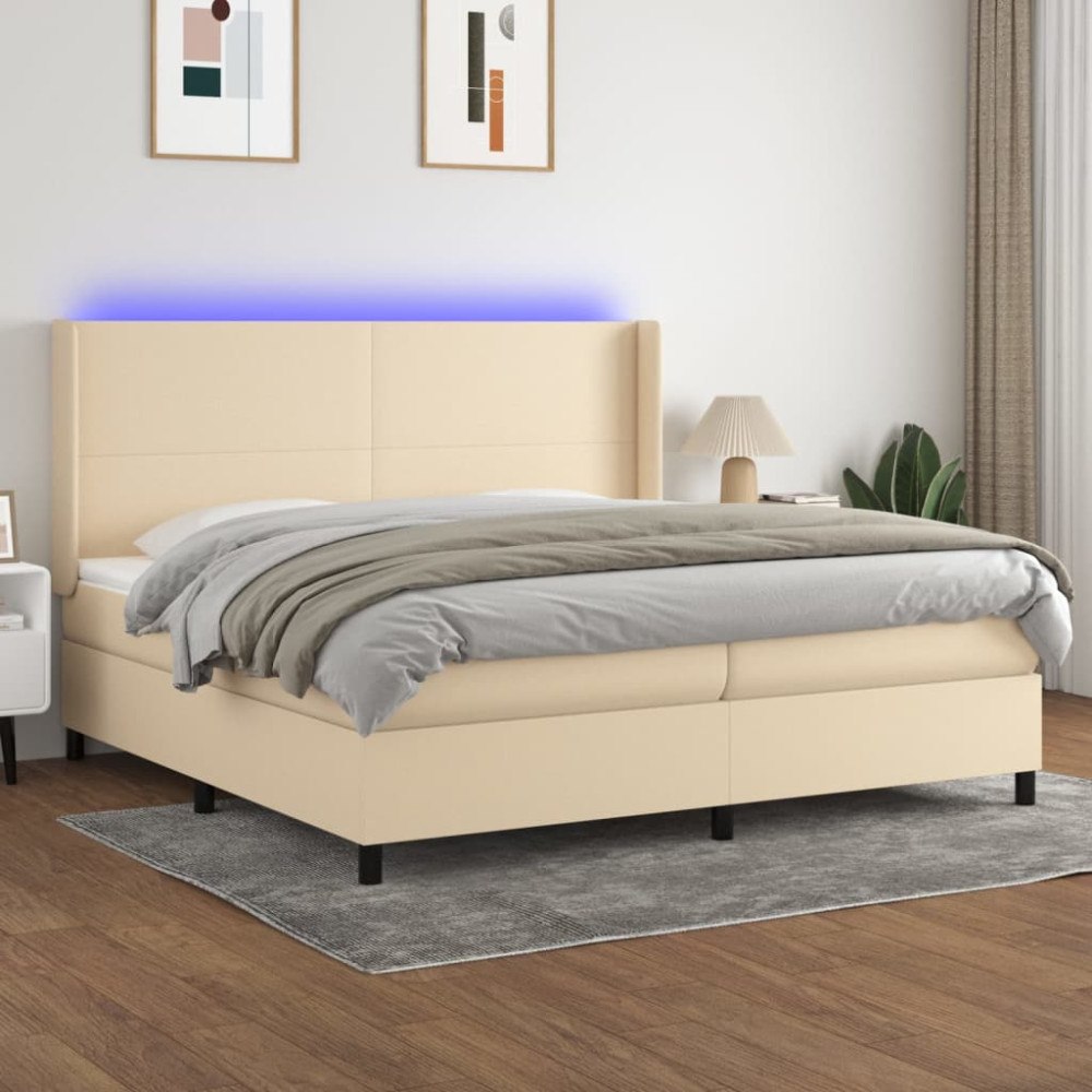 vidaXL Ramsäng med madrass & LED gräddvit 200x200 cm tyg