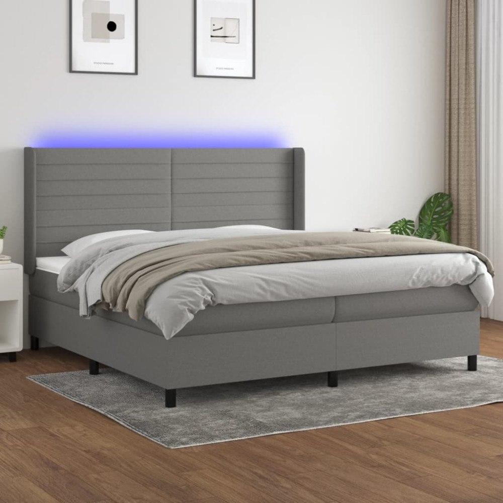 vidaXL Ramsäng med madrass & LED mörkgrå 200x200 cm tyg