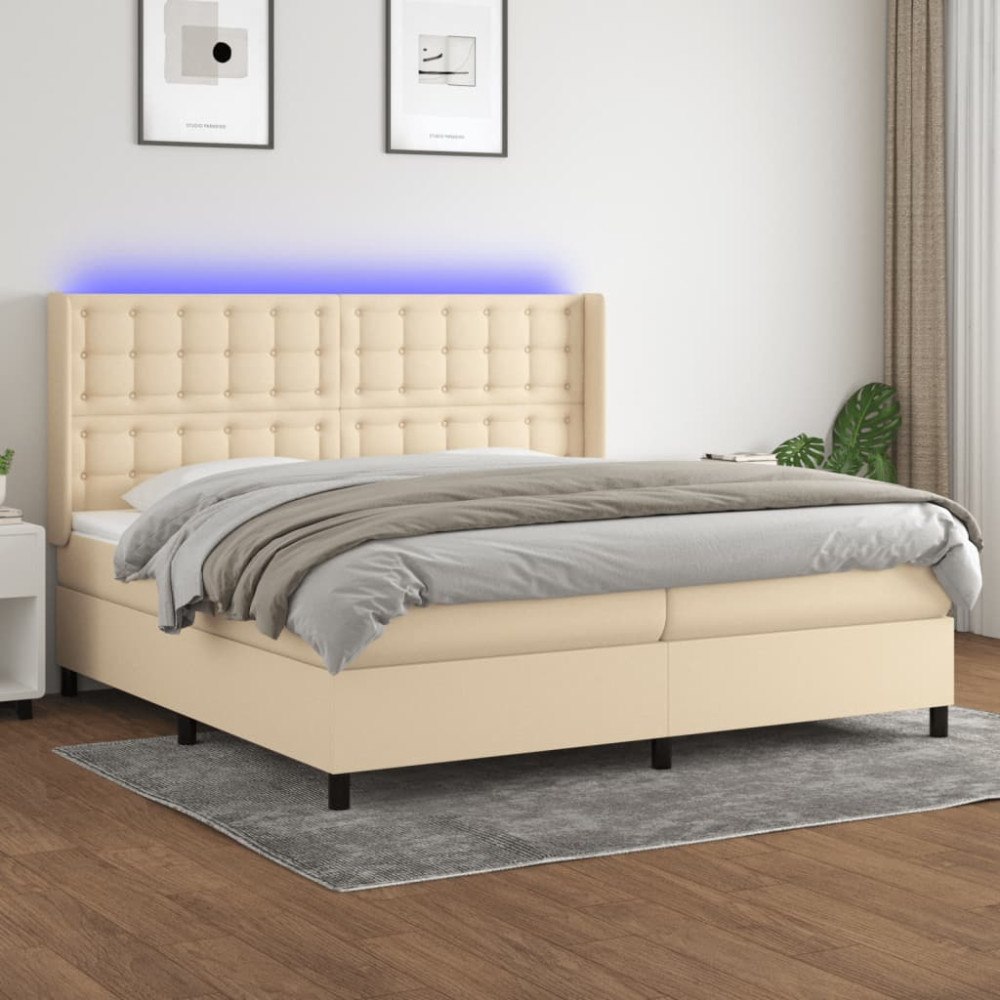 vidaXL Ramsäng med madrass & LED gräddvit 200x200 cm tyg