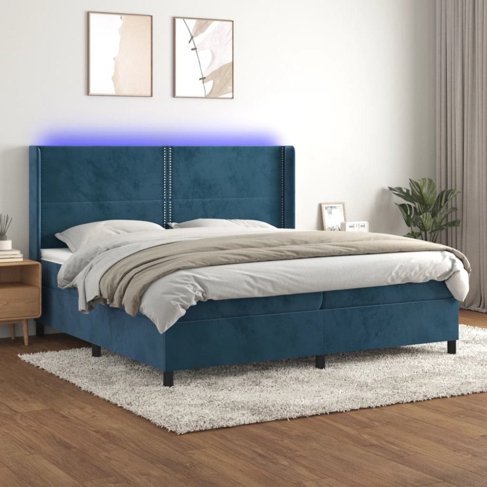 vidaXL Ramsäng med madrass & LED mörkblå 200x200 cm sammet