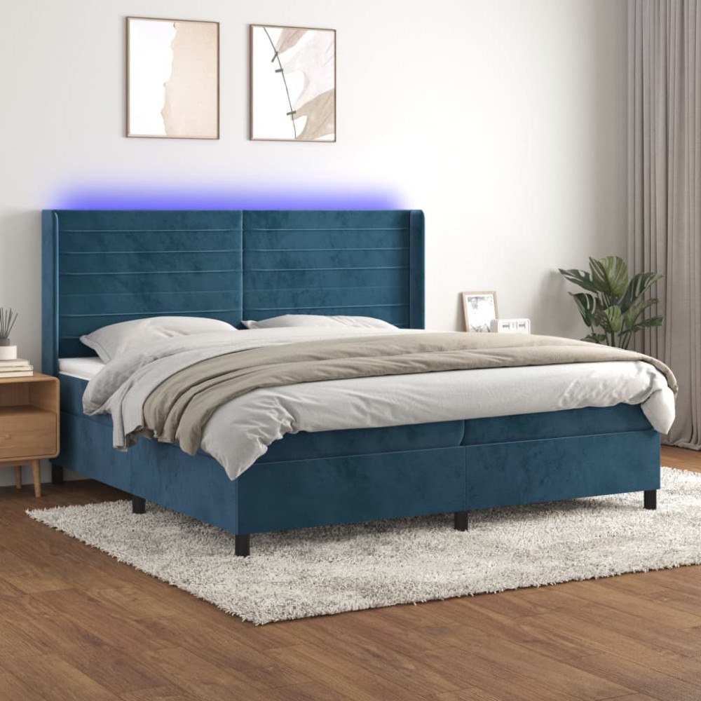 vidaXL Ramsäng med madrass & LED mörkblå 200x200 cm sammet
