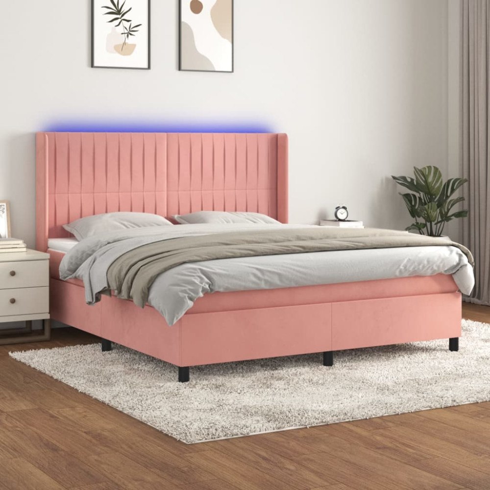 vidaXL Ramsäng med madrass rosa & LED 180x200 cm sammet