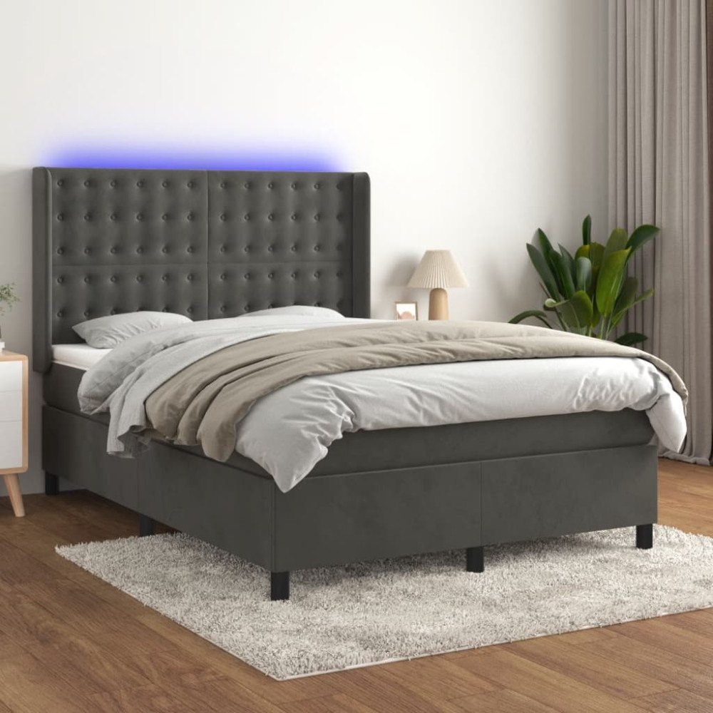 vidaXL Ramsäng med madrass & LED mörkgrå 140x200 cm sammet