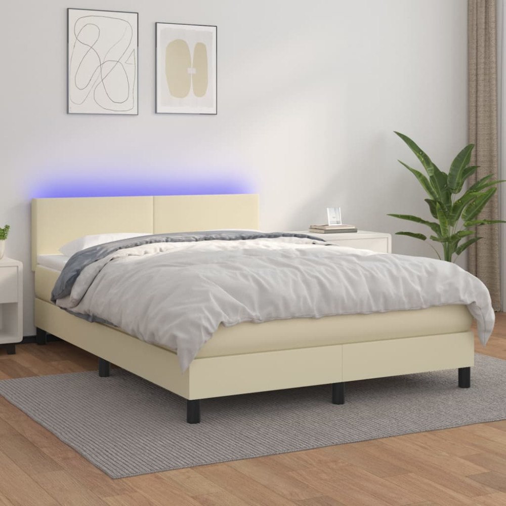 vidaXL Ramsäng med madrass & LED gräddvit 140x190 cm konstläder