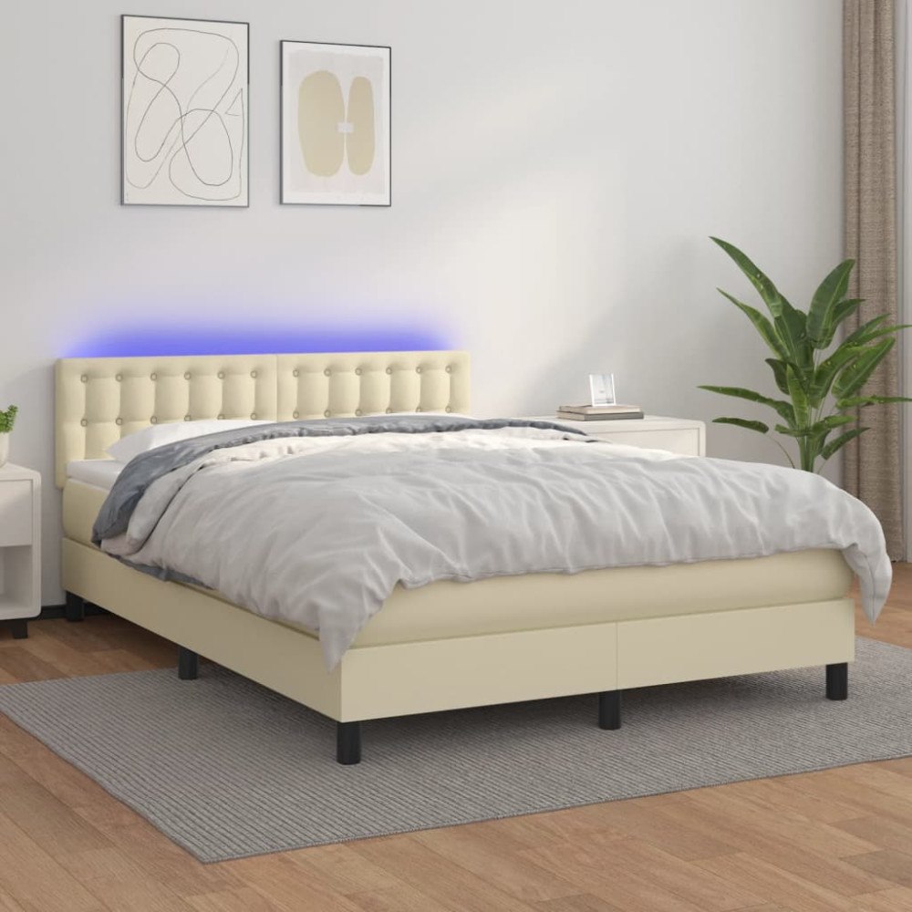 vidaXL Ramsäng med madrass & LED gräddvit 140x190 cm konstläder