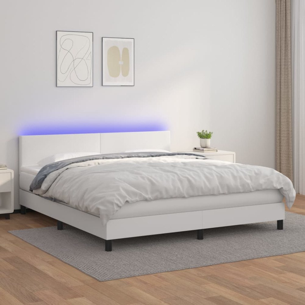 vidaXL Ramsäng med madrass & LED vit 160x200 cm konstläder