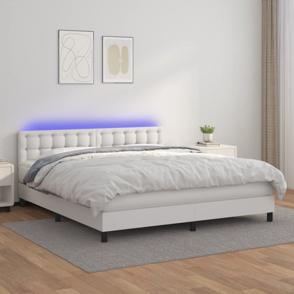 vidaXL Ramsäng med madrass & LED vit 160x200 cm konstläder