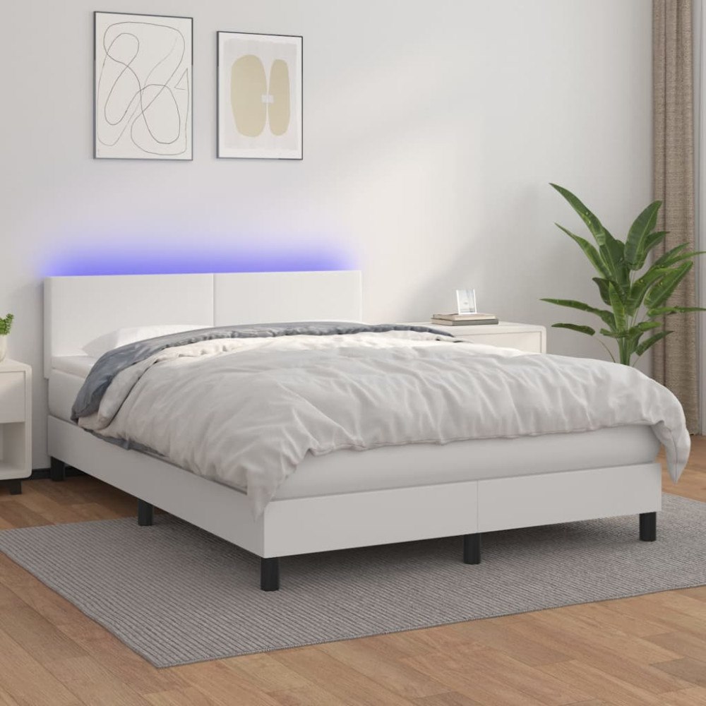 vidaXL Ramsäng med madrass & LED vit 140x190 cm konstläder