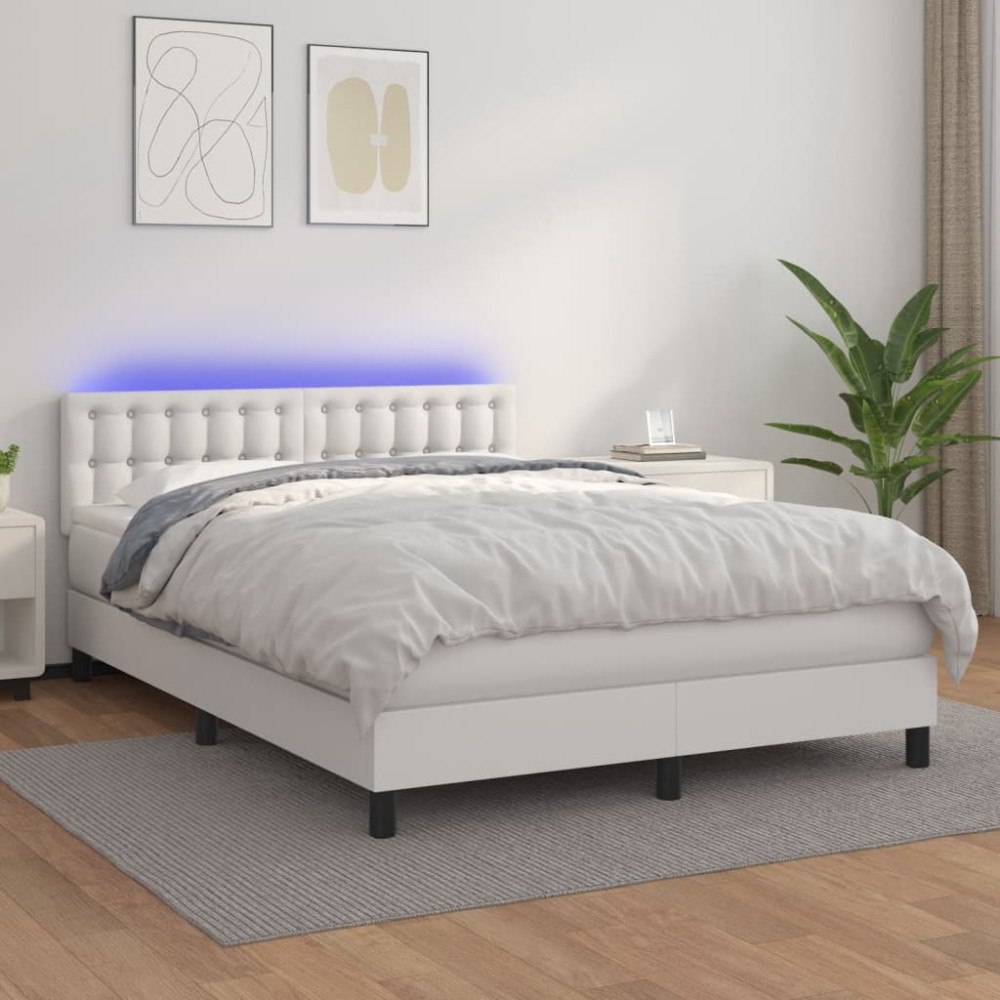 vidaXL Ramsäng med madrass & LED vit 140x190 cm konstläder