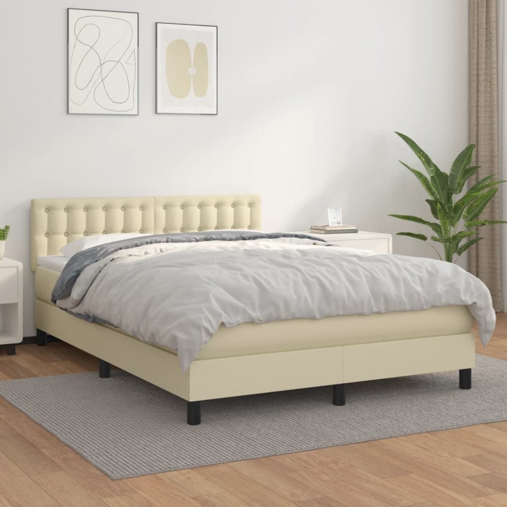 vidaXL Ramsäng med bäddmadrass gräddvit 140x190 cm konstläder