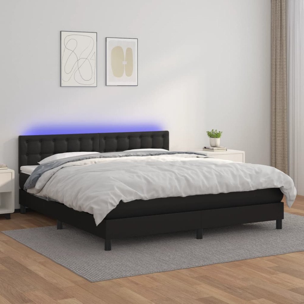 vidaXL Ramsäng med madrass & LED svart 180x200 cm konstläder